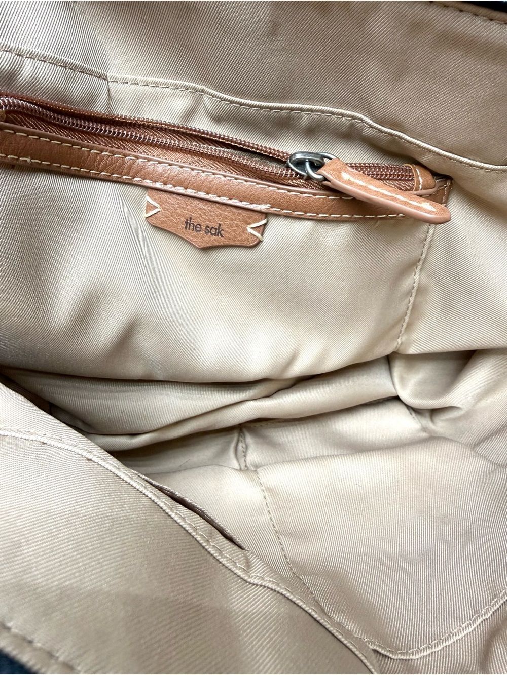 The Sak Navy Leather Shoulder Bag with Brown Straps - Picture 6 of 10